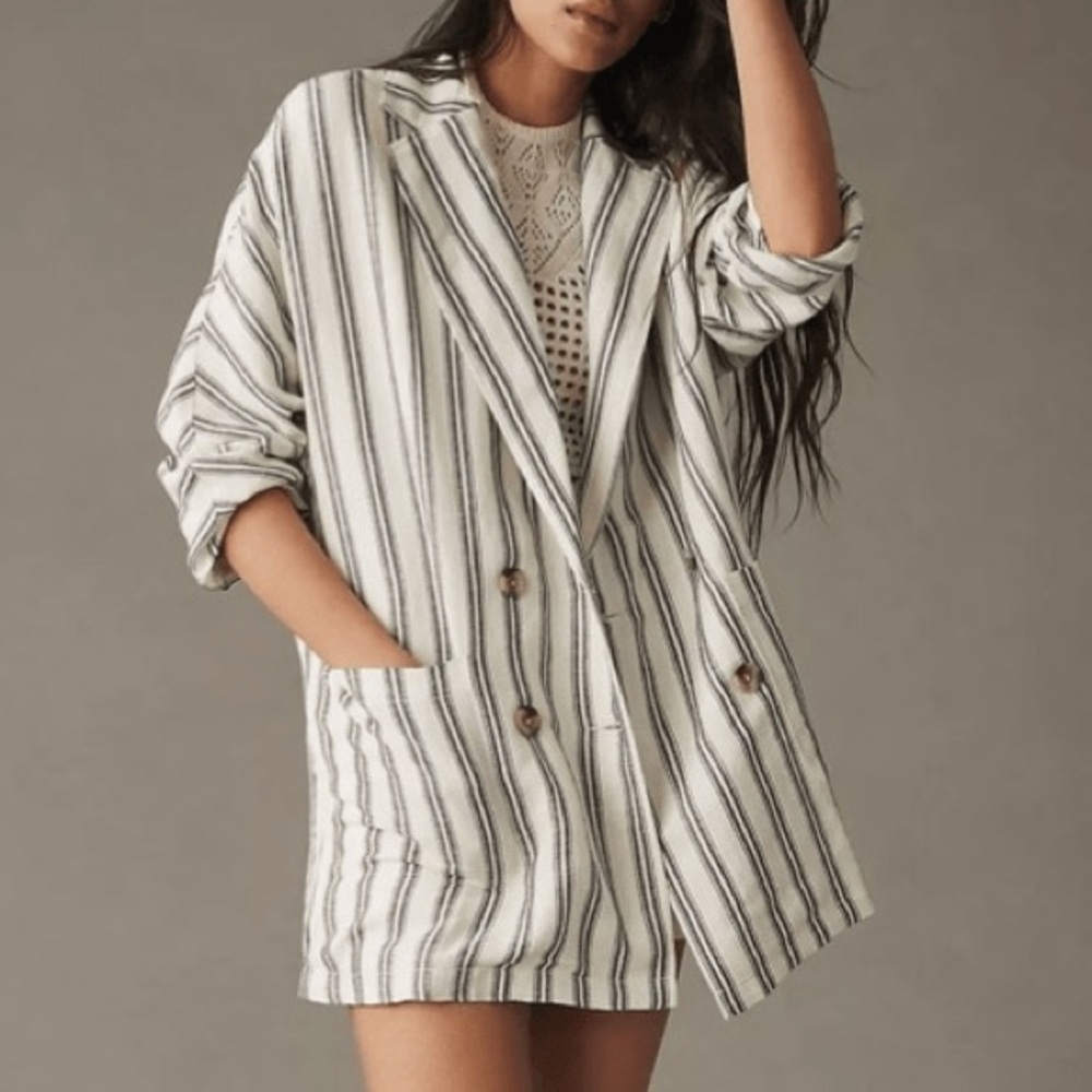Anthropologie Pilcro Linen Striped Blazer‎ Jacket S/XS NWT Nautical Preppy Retro